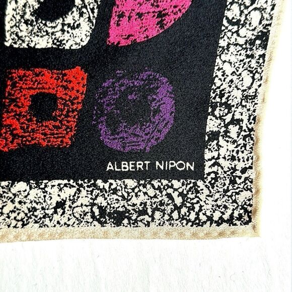 Albert Nipon Silk Square Scarf Abstract White Black Multicolor Geometric Trim - Picture 9 of 9
